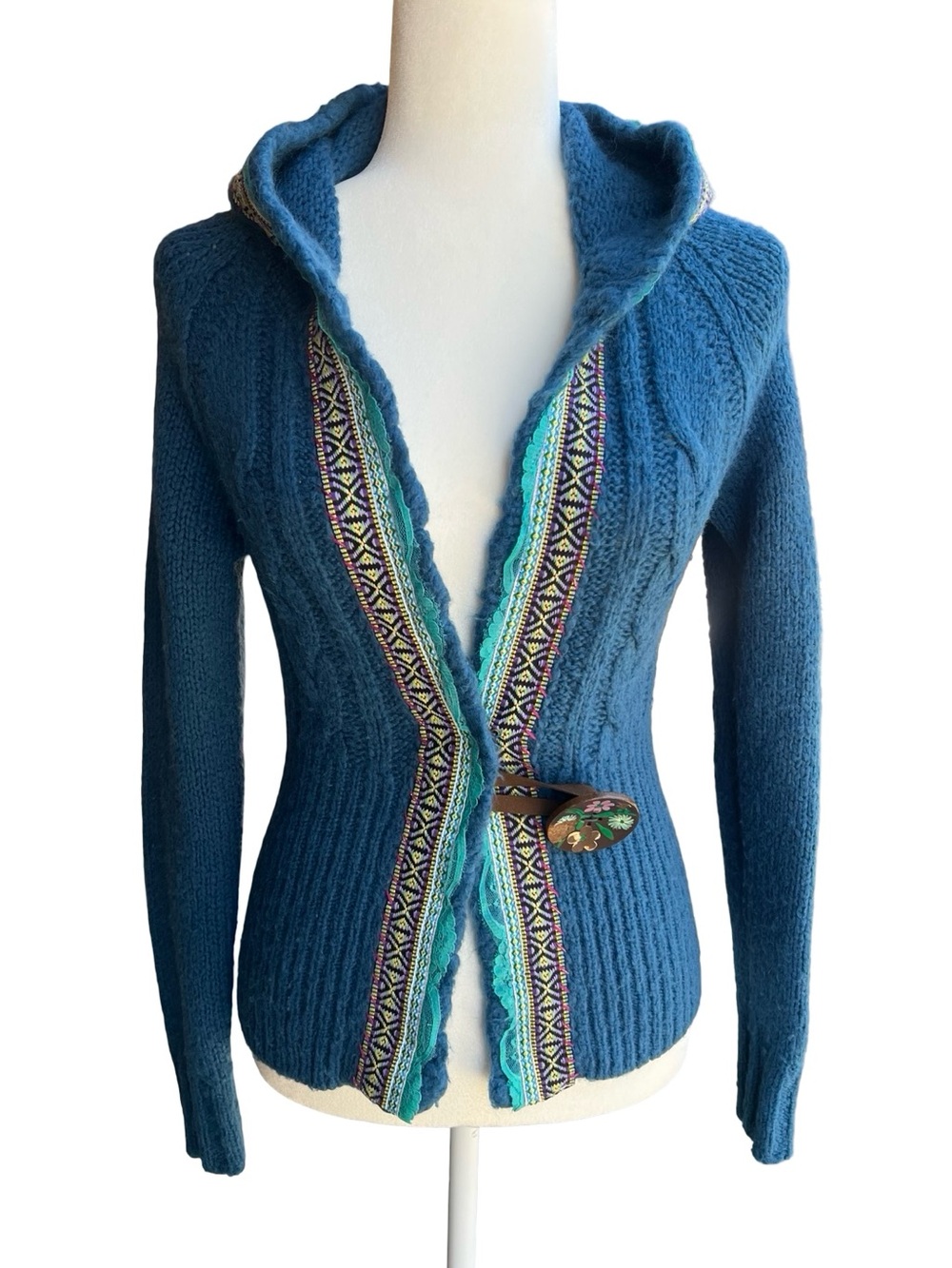 FREE PEOPLE Blue Klara Button Hooded Boho Cardigan Sz M Cozy Artisan Lace Trim - Picture 2 of 13